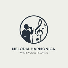 A dark silhouette of a singer holding a microphone inside a circle, accompanied by a treble clef and musical notes.