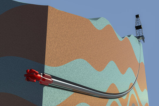 Directional drilling 3D render illustration realistic diagram. Low angle view, show drilling rig with PDC drilling bit and pipe string