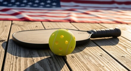 Pickleball paddle and ball resting on wooden deck with American flag background at summer tournament