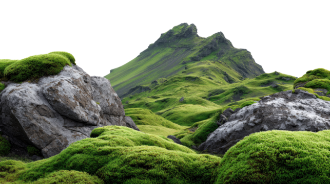 Emerald Isle Embrace: A majestic mountain rises from a verdant expanse of lush, emerald moss, its peak kissing the sky, creating a serene landscape of unspoiled natural beauty. 