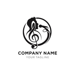 A black and white circular logo featuring a silhouette of a singer with a treble clef and microphone, suitable for a music company.
