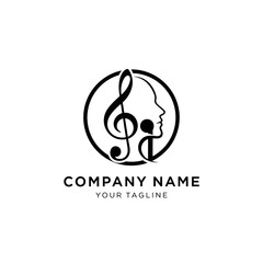 Logo design featuring a treble clef and a human profile within a circle.