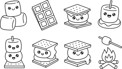 Cute hand drawn smores ingredients and characters for camping fun
