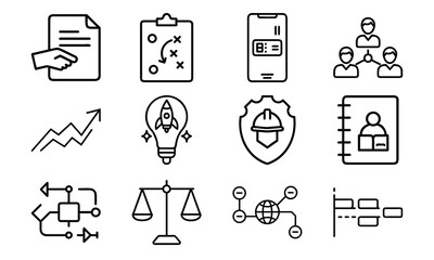 Business Line Icons Collection – Finance, Communication, Analytics, Growth, Partnership, Planning, Certification, Money Investment, and Office Management Vector Set