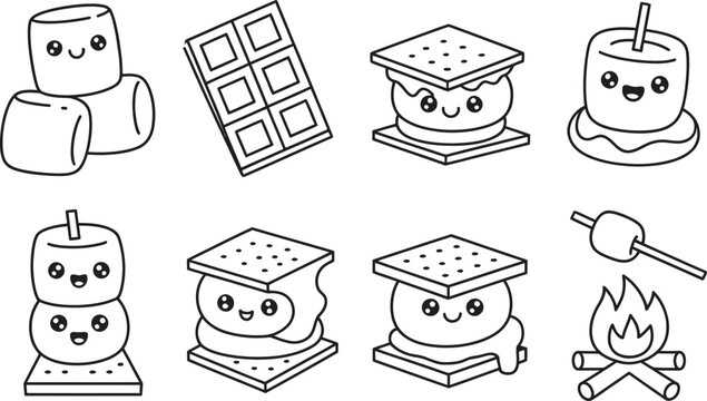 Cute hand drawn smores ingredients and characters for camping fun