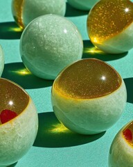 Stunning abstract arrangement of translucent jade green spheres with golden liquid interiors casting vibrant shadows