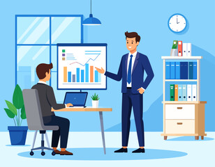 A businessman presenting to a male colleague in an office, using a large screen to display a graph and charts, illustrating teamwork, strategic planning, and professional collaboration in a business e