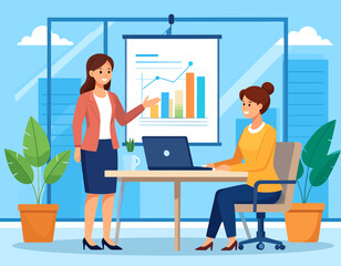 An energetic image of two businesswomen in an office, one presenting a graph on a projector screen to her colleague who is seated and using a laptop, showing teamwork and business collaboration.