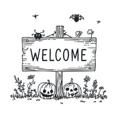 Doodle drawing of a wooden welcome sign with pumpkins.
