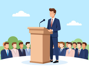 A man in a suit standing behind a podium, giving a public speech or presentation to a large audience seated in front of him, set outdoors with trees and a clear sky, representing leadership and commun