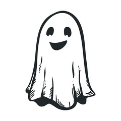 Simple cartoon drawing of a happy sheet ghost floating.