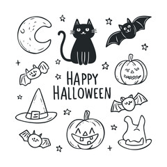 Hand-drawn black and white doodles of various Halloween icons.