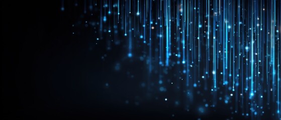 Abstract digital art with glowing blue lines cascading against a dark background