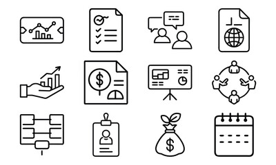 Business Line Icons Collection – Finance, Communication, Analytics, Growth, Partnership, Planning, Certification, Money Investment, and Office Management Vector Set