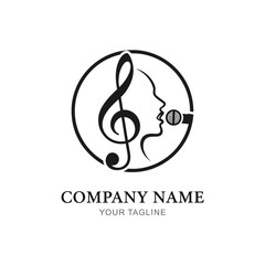 Logo with a treble clef, a woman's profile, and a microphone inside a circle.
