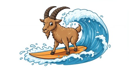 Goat surfing cartoon illustration