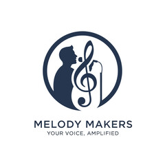 A circular logo featuring a silhouette of a person singing into a microphone with a musical note.