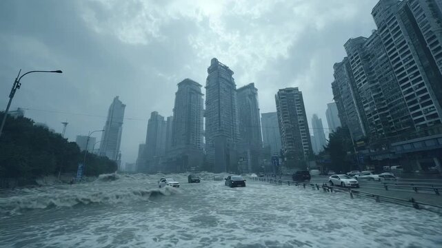 Flooded city street with submerged cars and tall skyscrapers under stormy gray sky after heavy rain