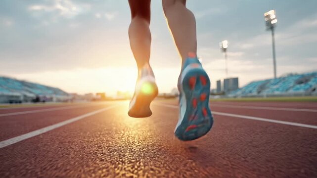 Runner training on stadium track at sunset showing legs and shoes in motion sport fitness lifestyle