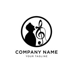 Silhouette logo featuring a singer with a microphone and a musical note inside a circular frame.