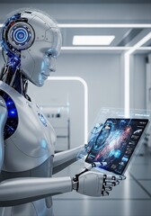 Futuristic android robot holding digital tablet device