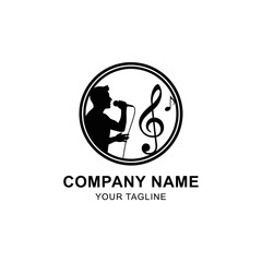 Silhouette logo of a person singing into a microphone, with musical notes, in a circular design.