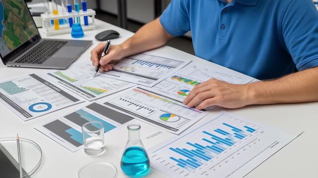 Technician reviewing detailed soil lab reports and charts to plan effective soil management strategies for sustainable farming.