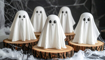 cute halloween ghost figurines made of white cloth, floating on wooden stands