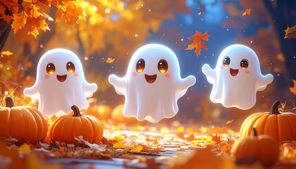 floating cute ghosts with glowing eyes, surrounded by autumn leaves and pumpkins