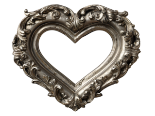  Vintage silver heart frame with baroque floral carvings, angled perspective illustration, isolated on transparent background PNG