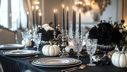 gothic halloween dinner table setup, black candles on silver candelabras