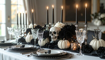 gothic halloween dinner table setup, black candles on silver candelabras