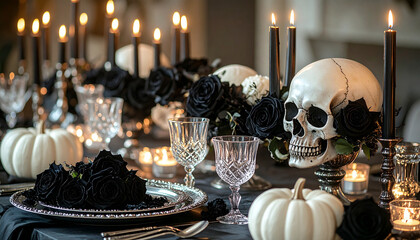 gothic halloween dinner table setup, black candles on silver candelabras