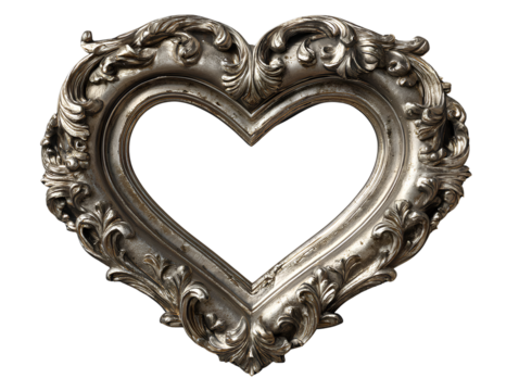 Vintage silver heart frame with baroque floral carvings, angled perspective illustration, isolated on transparent background PNG - Powered by Adobe