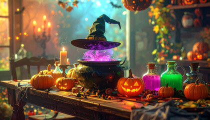 halloween feast table with cauldron centerpiece, colorful potions, pumpkins glowing