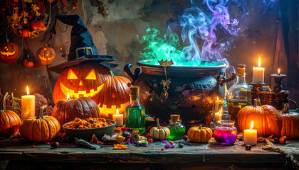 halloween feast table with cauldron centerpiece, colorful potions, pumpkins glowing