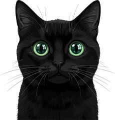 Black cat with big, beautiful and round green eyes and lush mustache in realistic vector style.