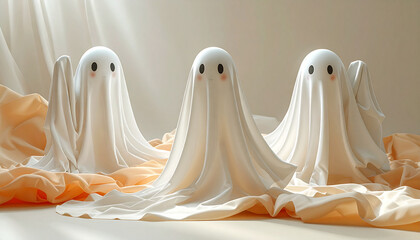 handmade halloween ghosts with floating cloth texture, spooky yet cute, minimal home