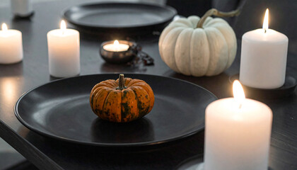 modern halloween dinner table, black matte plates, simple pumpkins, white candles