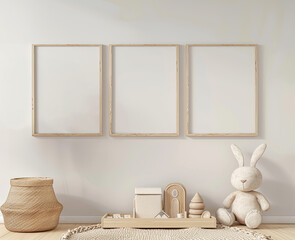 Mockup of three frames on the wall in the kids room in neutral colors, cute interior.