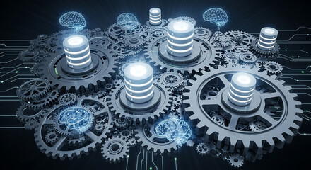 Dynamic AI gears and data servers symbolize advanced intelligence and intricate technological processes driving innovation and future development