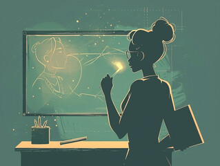 Silhouette of an artist creating a portrait on a screen in a softly lit studio space
