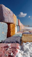 Vibrant, textured colorful bricks stacked in a repeating pattern against a bright blue sky, creating a cheerful, artistic outdoor display.