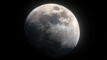 Fototapeta premium A detailed close-up view of the moon against a pitch-black backdrop, showcasing its cratered surface and subtle variations in light and shadow.