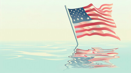 Waving American flag illustration reflecting in calm water embodying patriotism and freedom