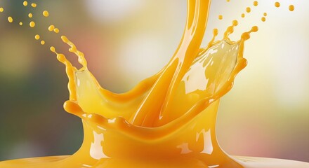 A vibrant splash of orange juice captured mid-air against a colorful background, perfect for food, beverage, and health-related promotions