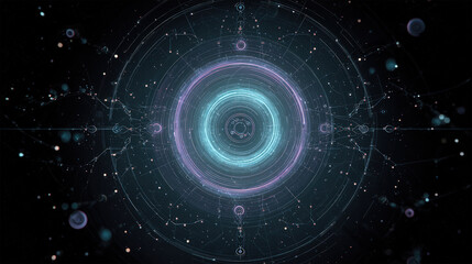Glowing concentric hud rings in cyan and violet with data nodes in the foreground, starry black background with faint constellations and bokeh dust, concept of futuristic space navigation