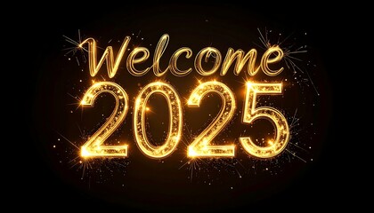 Sparkly golden text greeting the new year 2025, on a black background with small starburst-like effects