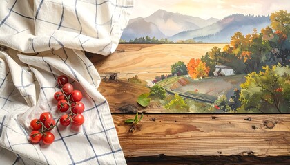 A vibrant autumnal countryside scene featuring a wooden table, tomatoes, and a checkered cloth overlaid, offering a rural aesthetic
