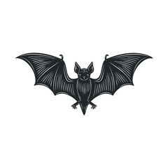 Dark engraving style drawing of a flying bat with wide wings.